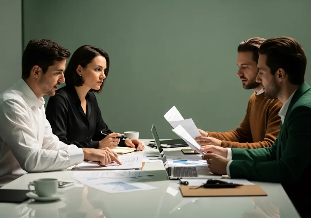 Two sides reviewing paperwork at a meeting table