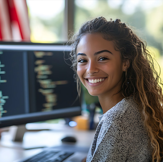 Smiling young employee working at a desk with computer screens