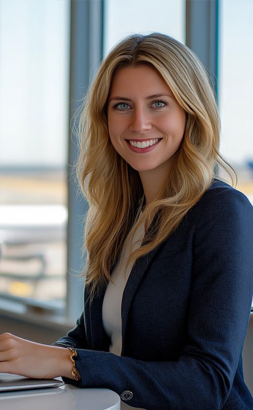 Smiling professional woman in a blazer seated by an office window