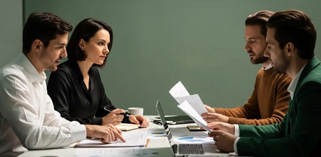 Two parties negotiating across a table with documents